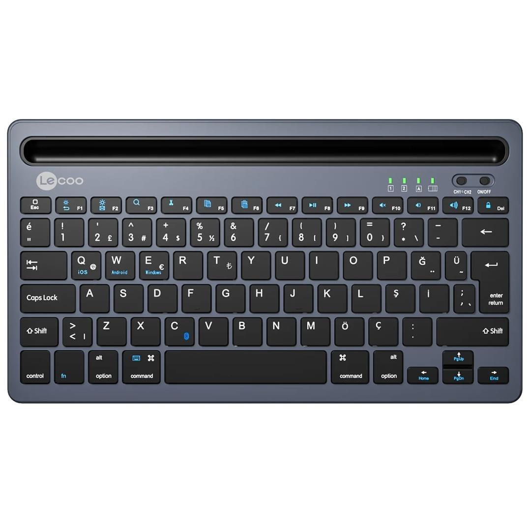 Lenovo Lecoo BK100 Bluetooth V3.0 Çoklu Cihaz Uyumlu Şarj Edilebilir Kablosuz Gri Türkçe Q Klavye
