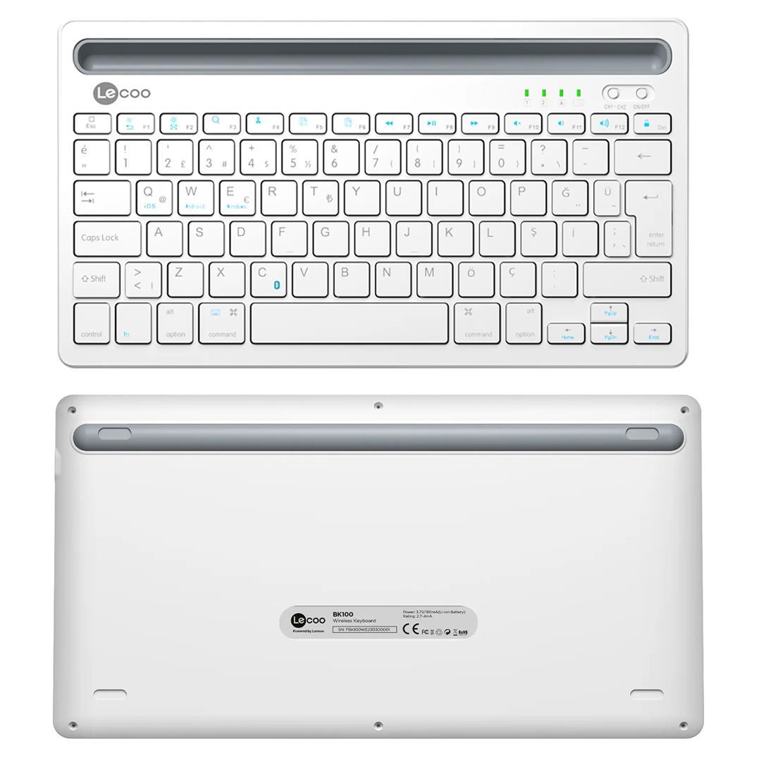 Lenovo Lecoo BK100 Bluetooth V3.0 Çoklu Cihaz Uyumlu Şarj Edilebilir Kablosuz Beyaz Türkçe Q Klavye