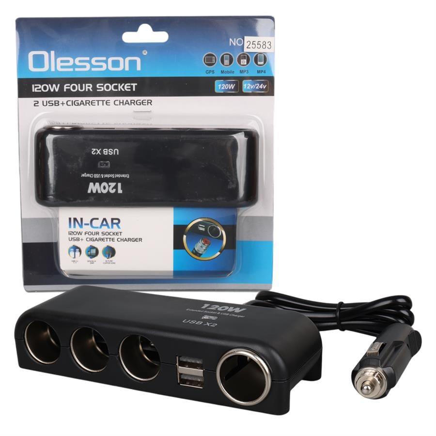 Olesson 1525 12-24V Çift USB'LI 120W 80cm Kablolu 4'LÜ Araç Çakmak Çoklayıcı