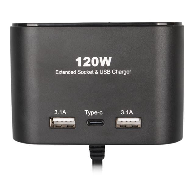 Olesson 1653 12-24V Çift USB + TYPE-C Girişli 100W 70Cm Kablolu 3'Lü Araç Çakmak Çoklayıcı