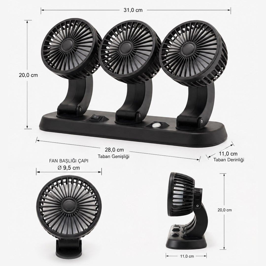 Powermaster FAN40 Araç İçi Vantilatör Fanı 12 Volt Çakmaklık Girişli 3 Başlıklı 360 Derece