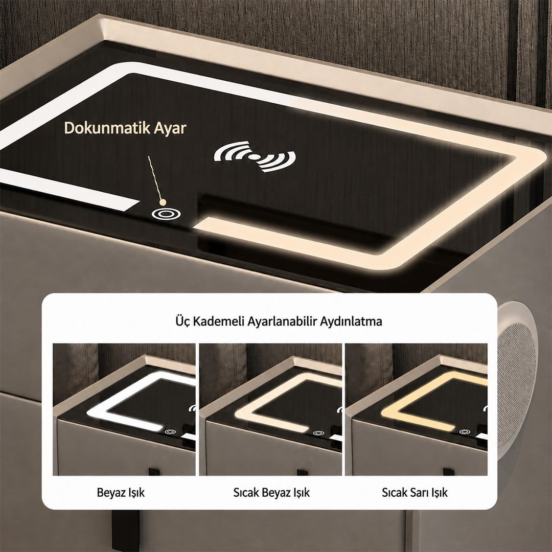 PowerMaster KH-BC01 Mobilya Komodin Kablosuz + Kablolu Şarj Ünitesi BT Speaker Dokunmatik LED Aydınlatma