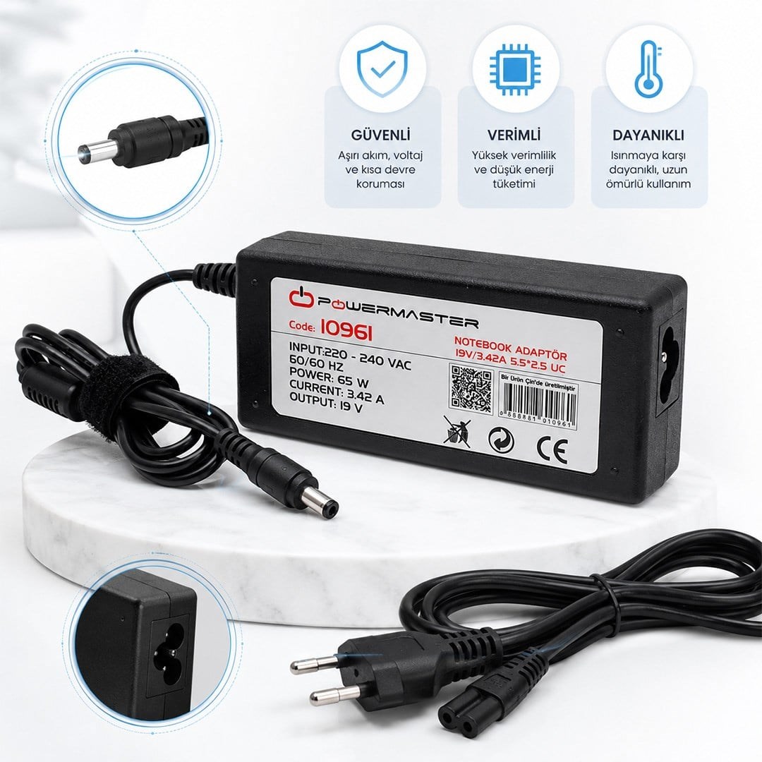 Powermaster PM-10961 19 Volt - 3.42 Amper 5.5*2.5 Mm Uçlu Adaptör (Toshiba-Asus-Acer Notebook)
