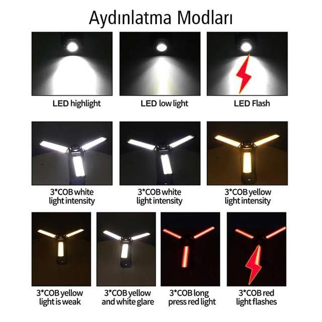 Powermaster PM-24566 35 Watt USB - Type-C Girişli P50 Ve Cob Ledli 3 Kanatlı Kollu Çalışma Lambası