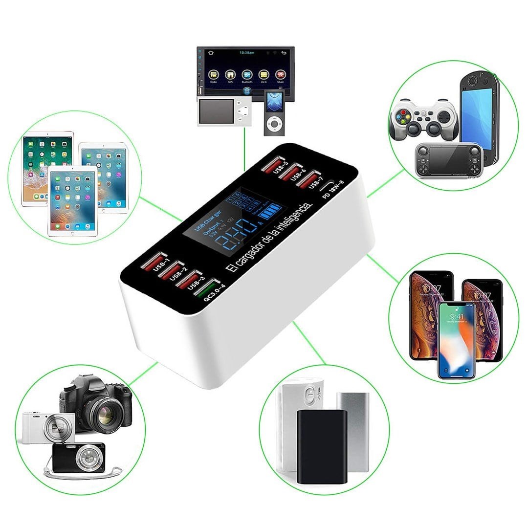 Powermaster PM-26057 8 Portlu LCD Ekranlı Akıllı USB ve Type-C PD Şarj İstasyonu