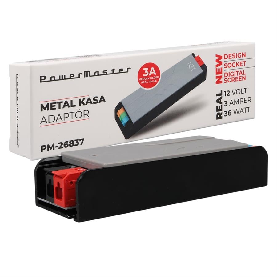 PowerMaster PM-26837 12 Volt 3 Amper 36 Watt Slim Metal Kasa Adaptör 128x42x27mm