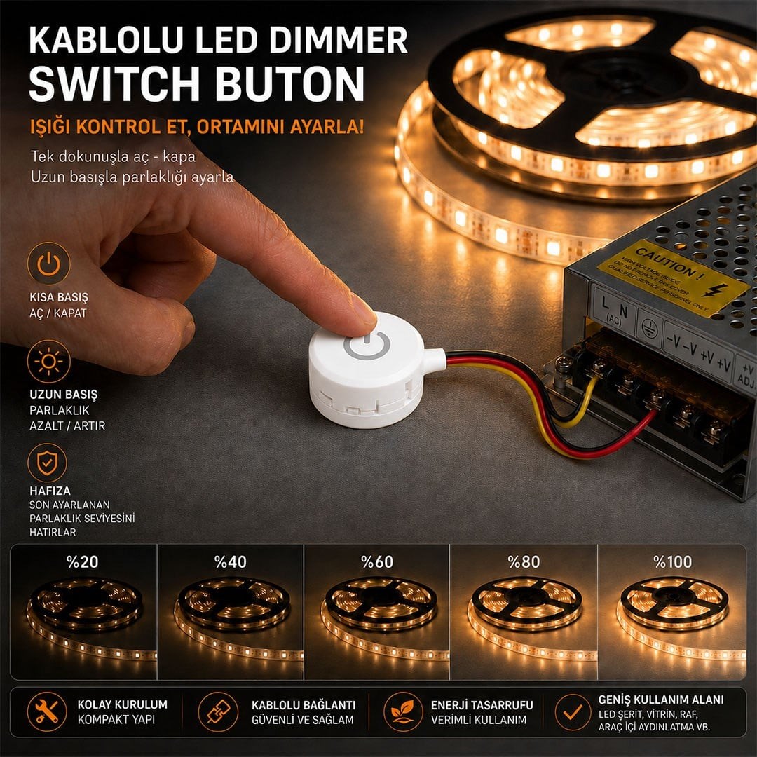 Powermaster PM-30802 3.7-4.2V 10mm Kablolu Beyaz Led Dimmer Switch Buton