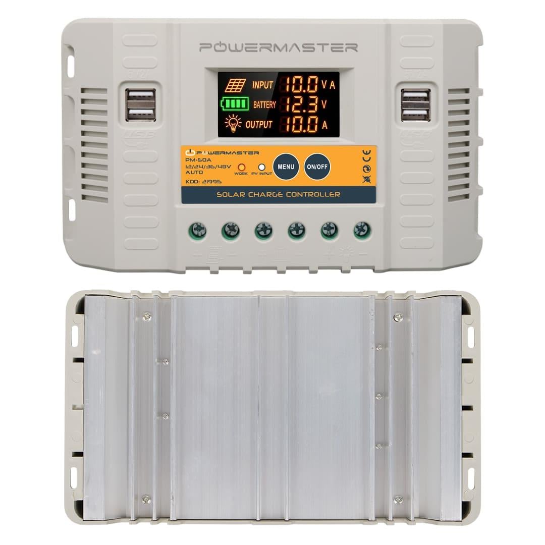 Powermaster PM-50A 12V-24V-36V-48V 50 Amper 4 USB'li Dijital Otomatik Solar Şarj Regülatörü