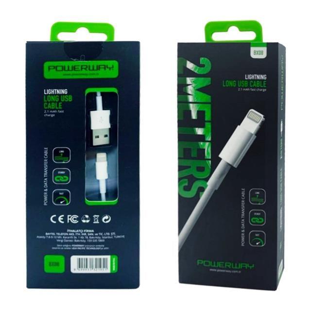 Powerway BX08 İphone 2100 Ma Hızlı 2 Metre Şarj Data Kablosu