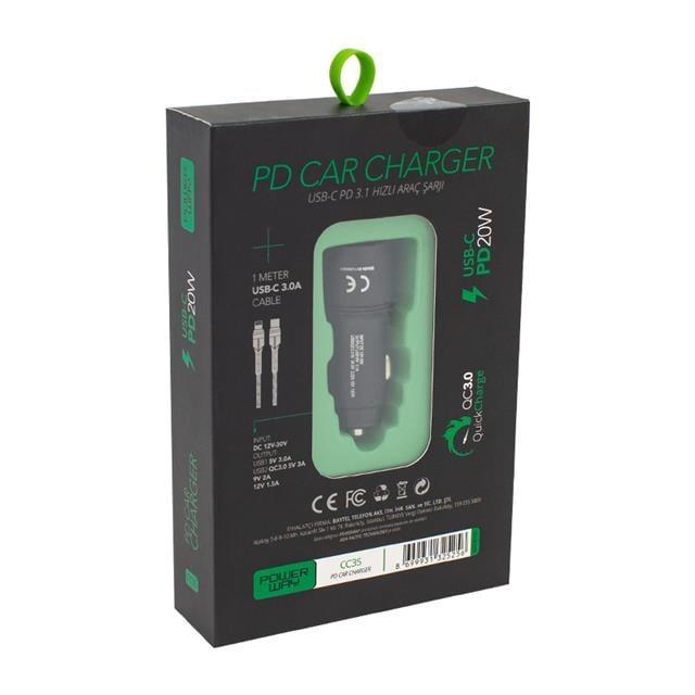 Powerway CC35 Yeni Nesil USB-C (İphone To Type-C) Araç Şarj Seti (PD18W)