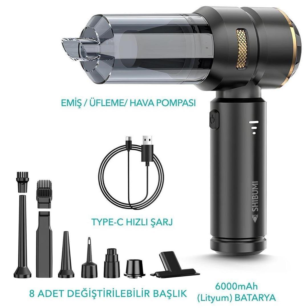 Shibumi Tornada 100 Watt 6000mAh 16000pa Çekiş Gücü 8 Adet Başlıklı Şarjlı Güçlü Üfleme Araç İçi Süpürge