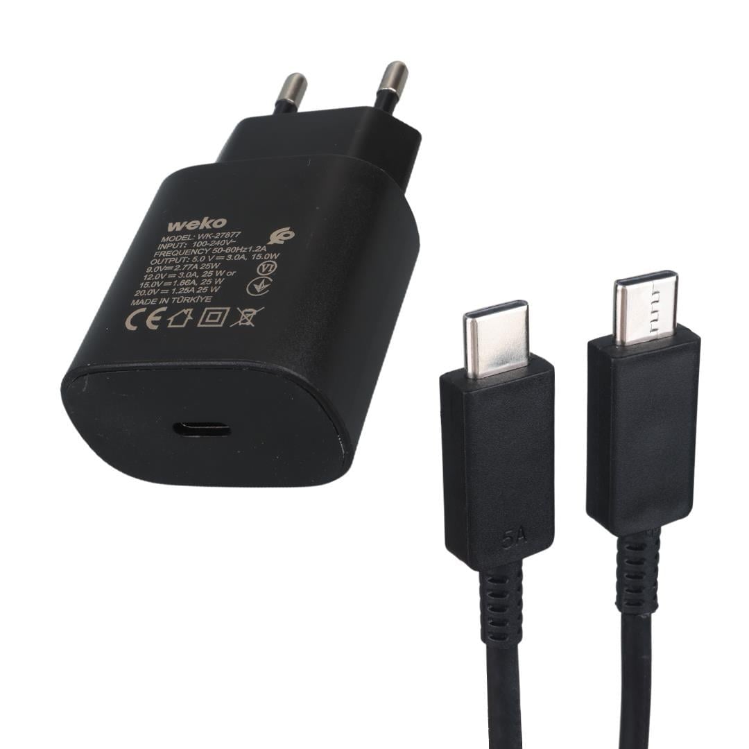 Weko WK-27877 Note10 Siyah 25 Watt Şarj Başlık Adaptörü + Type-C To Type-C Kablo