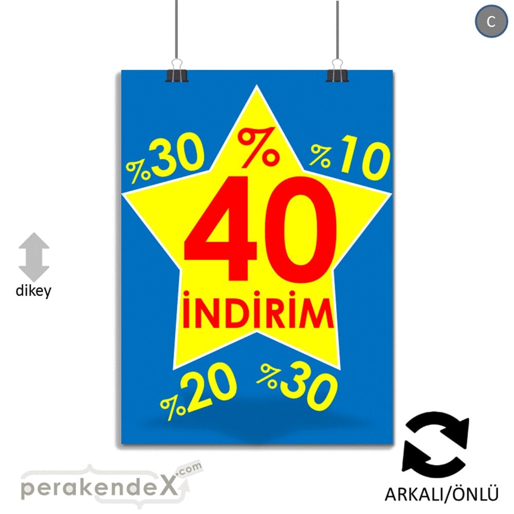 %40'A Kadar İndirim Yıldızlı Kademeli KAĞIT POSTER,  AFİŞ -dikdörtgen,çift yön baskı