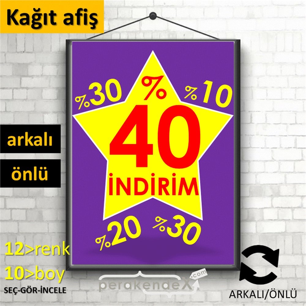 %40'A Kadar İndirim Yıldızlı Kademeli KAĞIT POSTER,  AFİŞ -dikdörtgen,çift yön baskı