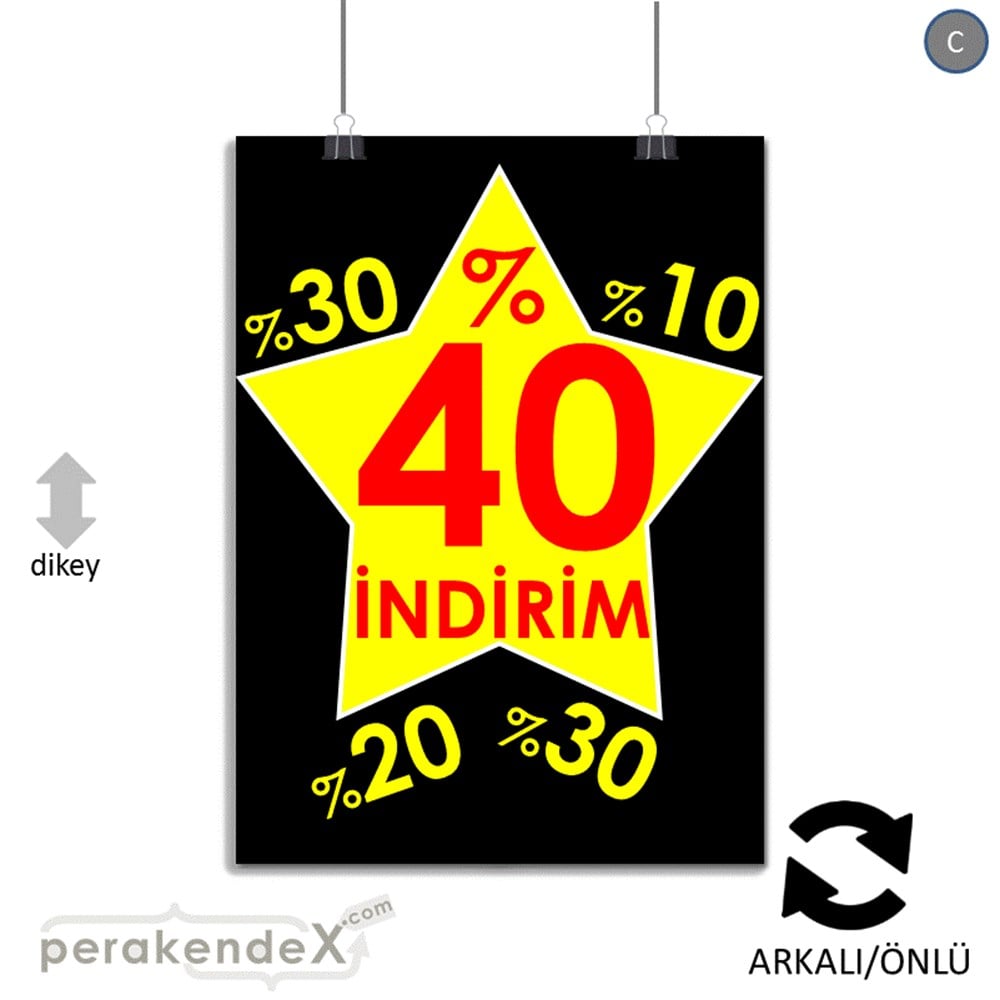 %40'A Kadar İndirim Yıldızlı Kademeli KAĞIT POSTER,  AFİŞ -dikdörtgen,çift yön baskı