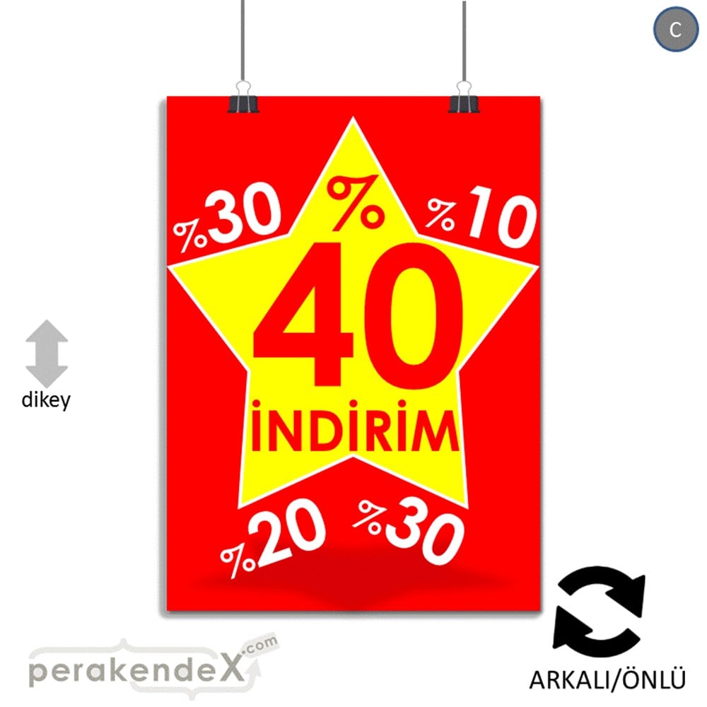 %40'A Kadar İndirim Yıldızlı Kademeli KAĞIT POSTER,  AFİŞ -dikdörtgen,çift yön baskı