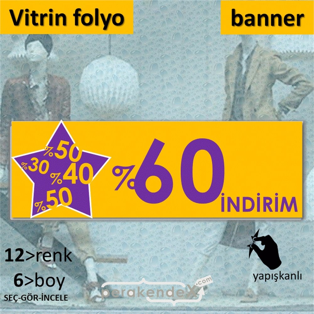 %60'A Kadar İndirim Yıldızlı Kademeli VİTRİN, CAM FOLYO,  VİNİL (BANNER) -dikdörtgen,tek yön baskı