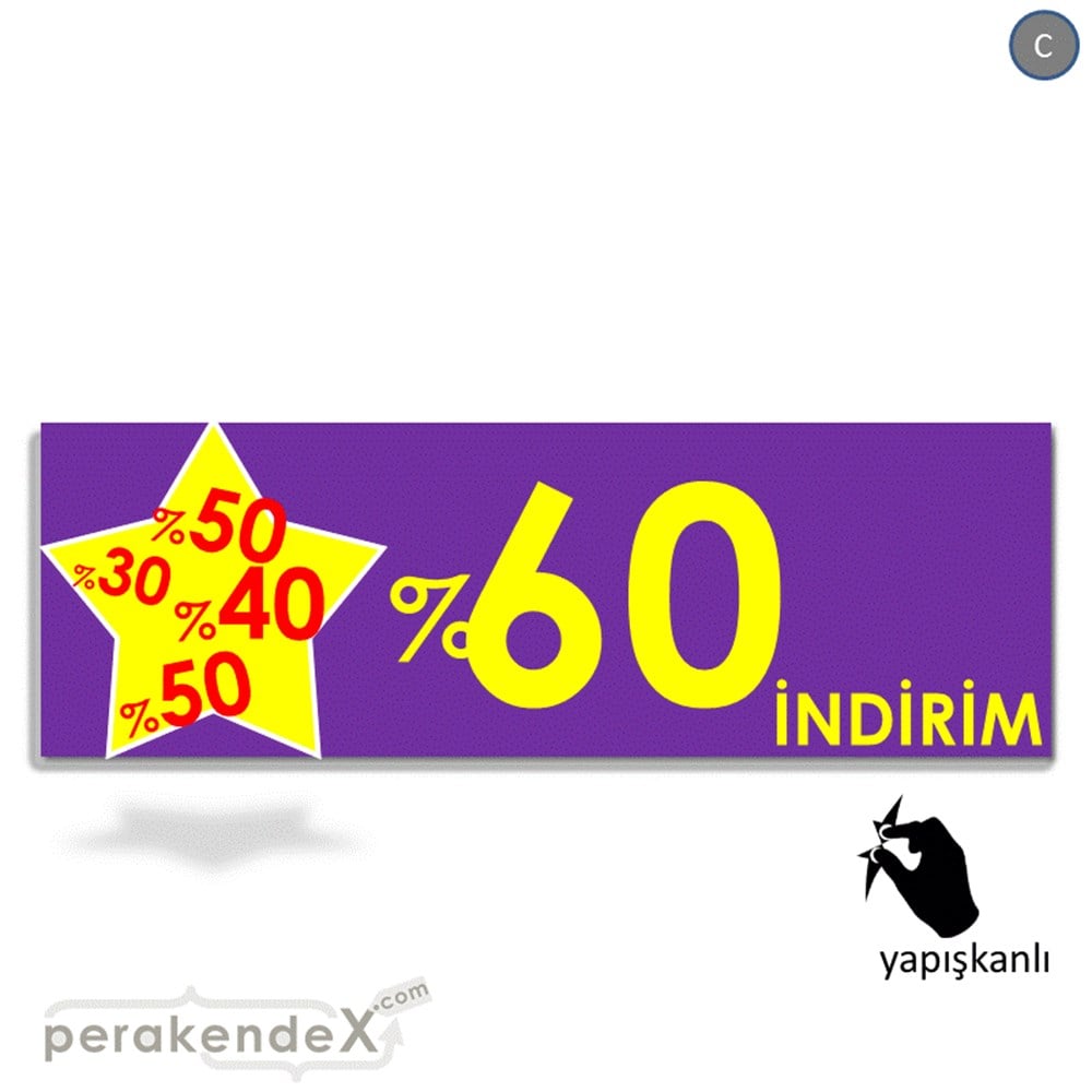 %60'A Kadar İndirim Yıldızlı Kademeli VİTRİN, CAM FOLYO,  VİNİL (BANNER) -dikdörtgen,tek yön baskı