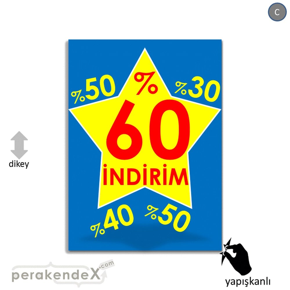 %60'A Kadar İndirim Yıldızlı Kademeli VİTRİN - CAM FOLYO,  VİNİL -dikdörtgen,tek yön baskı