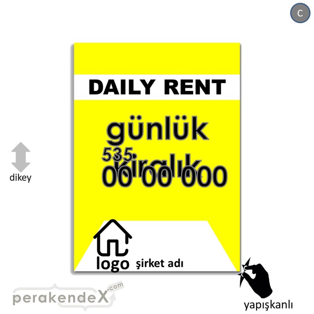 İngilizce  Günlük Kiralık Yazısı 004 VİTRİN - CAM FOLYO,  VİNİL -dikdörtgen,tek yön baskıvitrin - cam folyo,  vinil