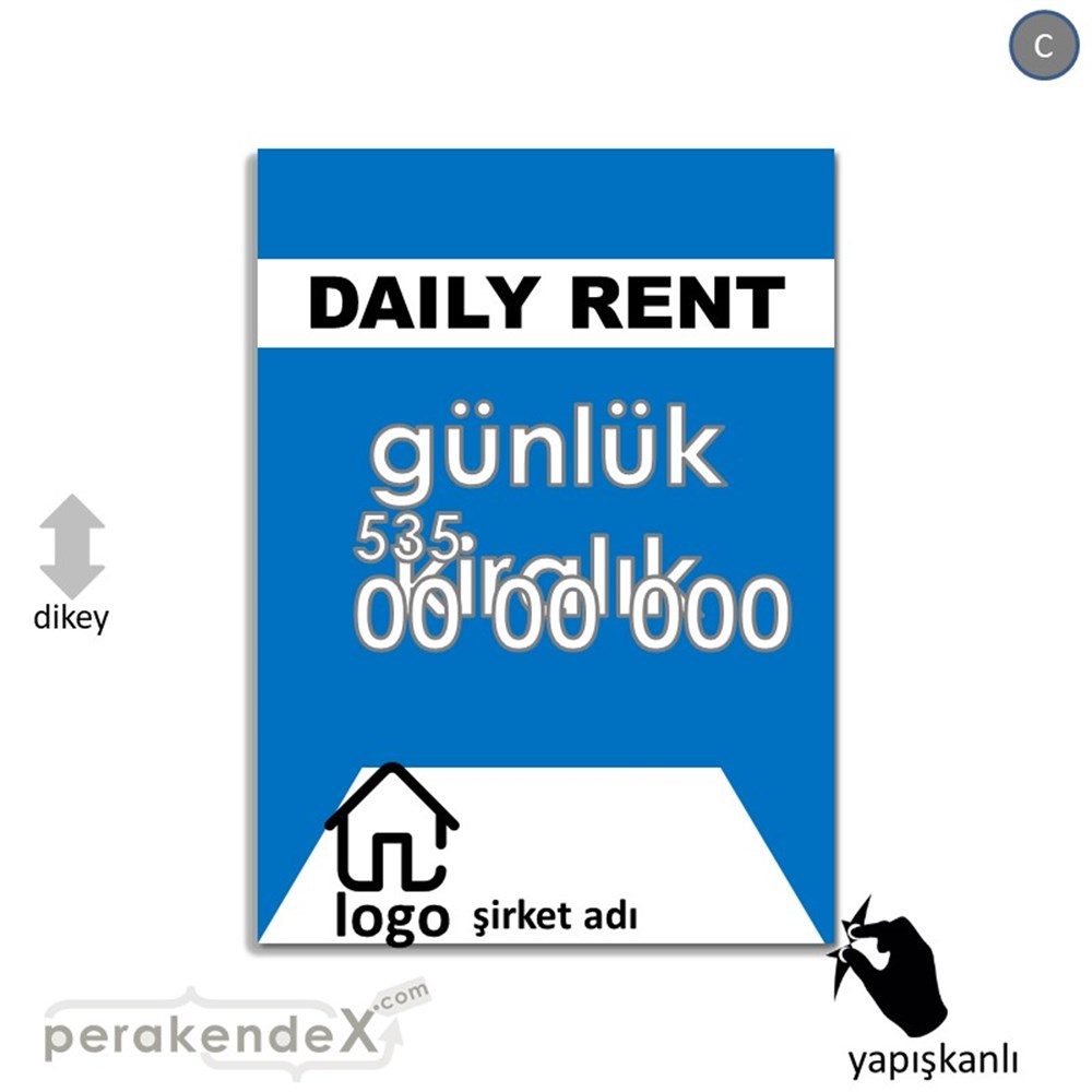 İngilizce  Günlük Kiralık Yazısı 004 VİTRİN - CAM FOLYO,  VİNİL -dikdörtgen,tek yön baskıvitrin - cam folyo,  vinil