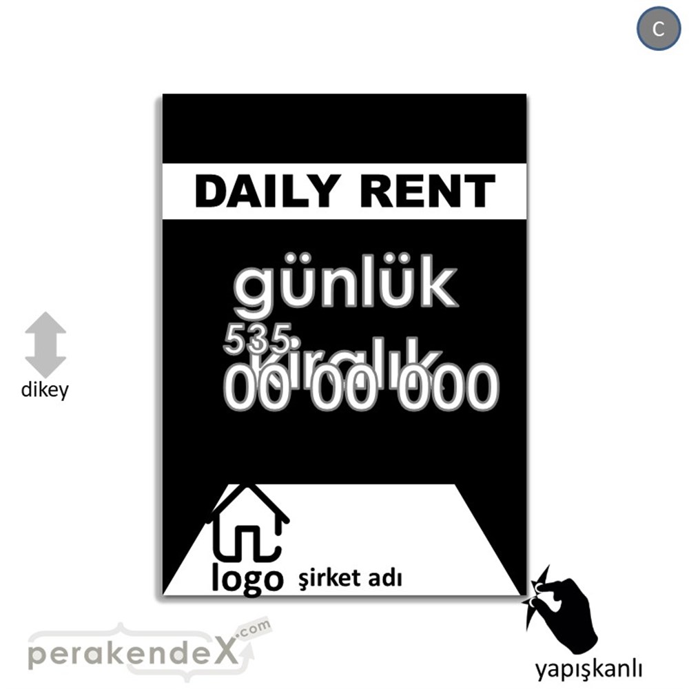 İngilizce  Günlük Kiralık Yazısı 004 VİTRİN - CAM FOLYO,  VİNİL -dikdörtgen,tek yön baskıvitrin - cam folyo,  vinil