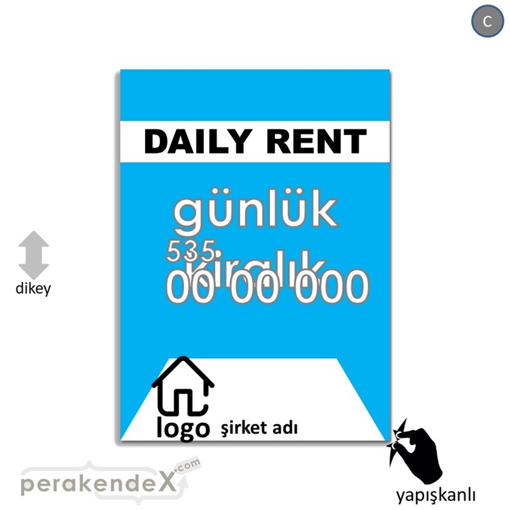 İngilizce  Günlük Kiralık Yazısı 004 VİTRİN - CAM FOLYO,  VİNİL -dikdörtgen,tek yön baskıvitrin - cam folyo,  vinil
