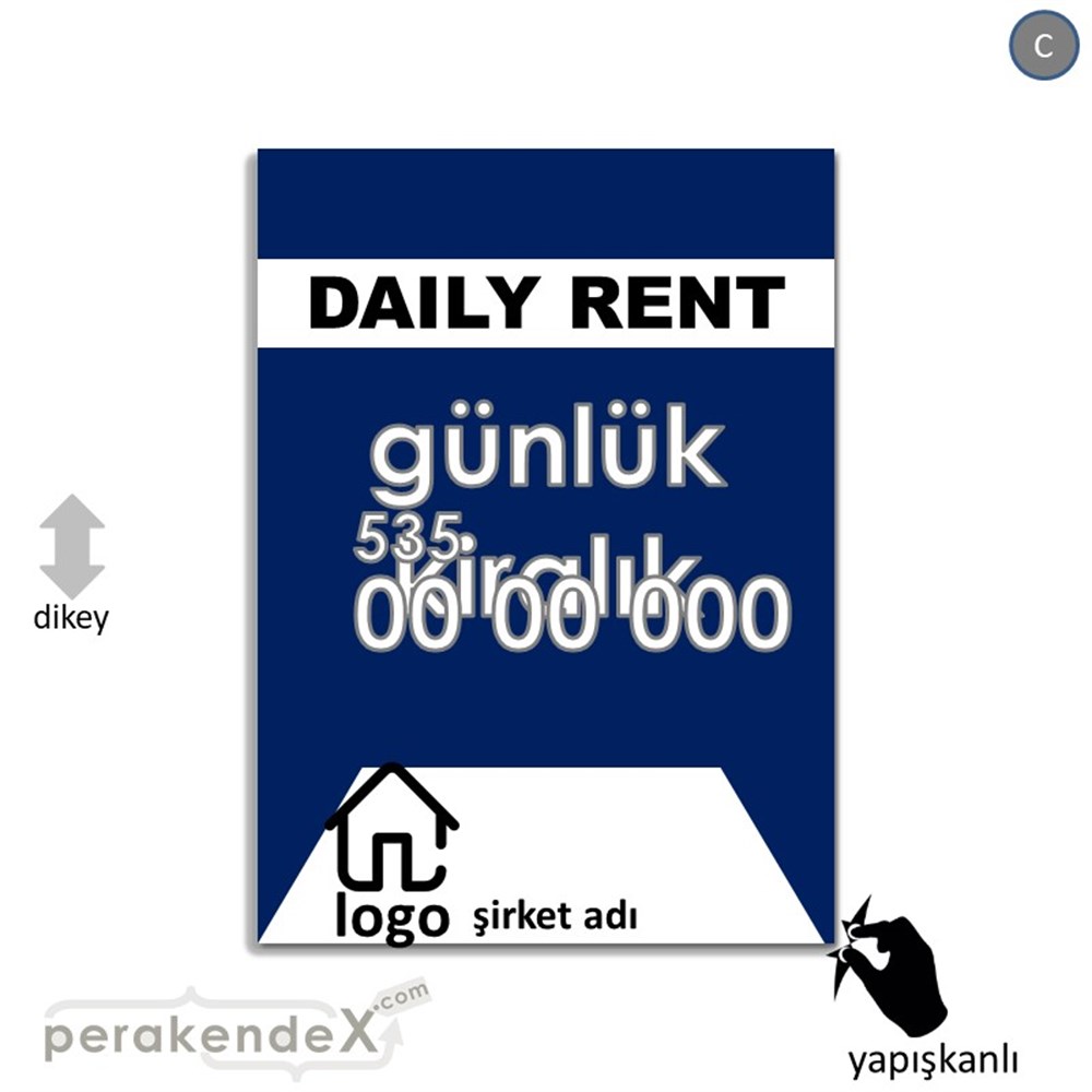 İngilizce  Günlük Kiralık Yazısı 004 VİTRİN - CAM FOLYO,  VİNİL -dikdörtgen,tek yön baskıvitrin - cam folyo,  vinil