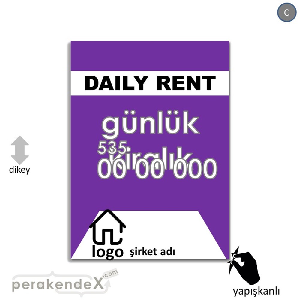 İngilizce  Günlük Kiralık Yazısı 004 VİTRİN - CAM FOLYO,  VİNİL -dikdörtgen,tek yön baskıvitrin - cam folyo,  vinil