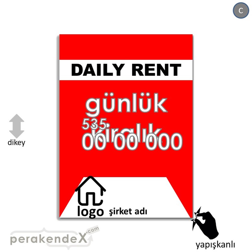 İngilizce  Günlük Kiralık Yazısı 004 VİTRİN - CAM FOLYO,  VİNİL -dikdörtgen,tek yön baskıvitrin - cam folyo,  vinil