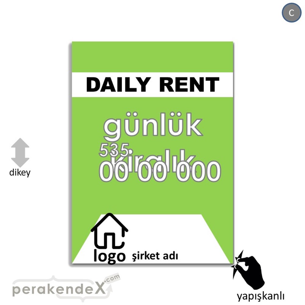 İngilizce  Günlük Kiralık Yazısı 004 VİTRİN - CAM FOLYO,  VİNİL -dikdörtgen,tek yön baskıvitrin - cam folyo,  vinil