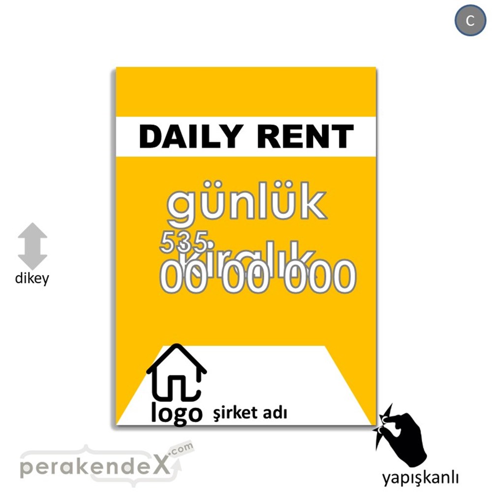 İngilizce  Günlük Kiralık Yazısı 004 VİTRİN - CAM FOLYO,  VİNİL -dikdörtgen,tek yön baskıvitrin - cam folyo,  vinil