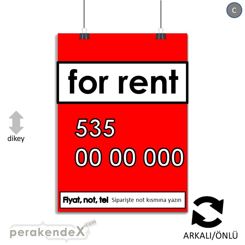 İngilizce Kiralık Yazısı 005 SERT PLASTİK POSTER,  AFİŞ -dikdörtgen,çift yön baskısert plastik poster,  afiş