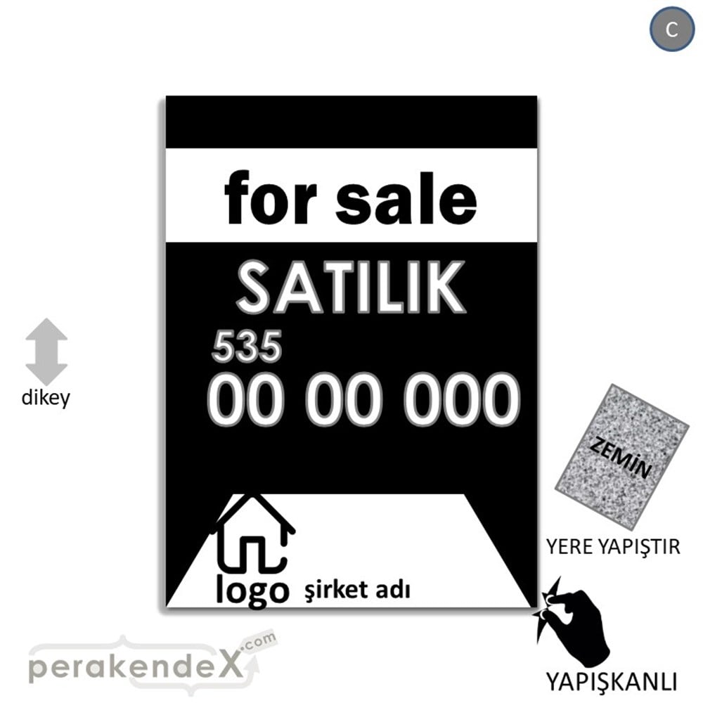 İngilizce Satılık Yazısı 003 YER - ZEMİN FOLYO,  VİNİL -dikdörtgen,tek yön baskıyer - zemin folyo,  vinil