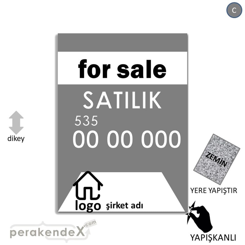 İngilizce Satılık Yazısı 003 YER - ZEMİN FOLYO,  VİNİL -dikdörtgen,tek yön baskıyer - zemin folyo,  vinil