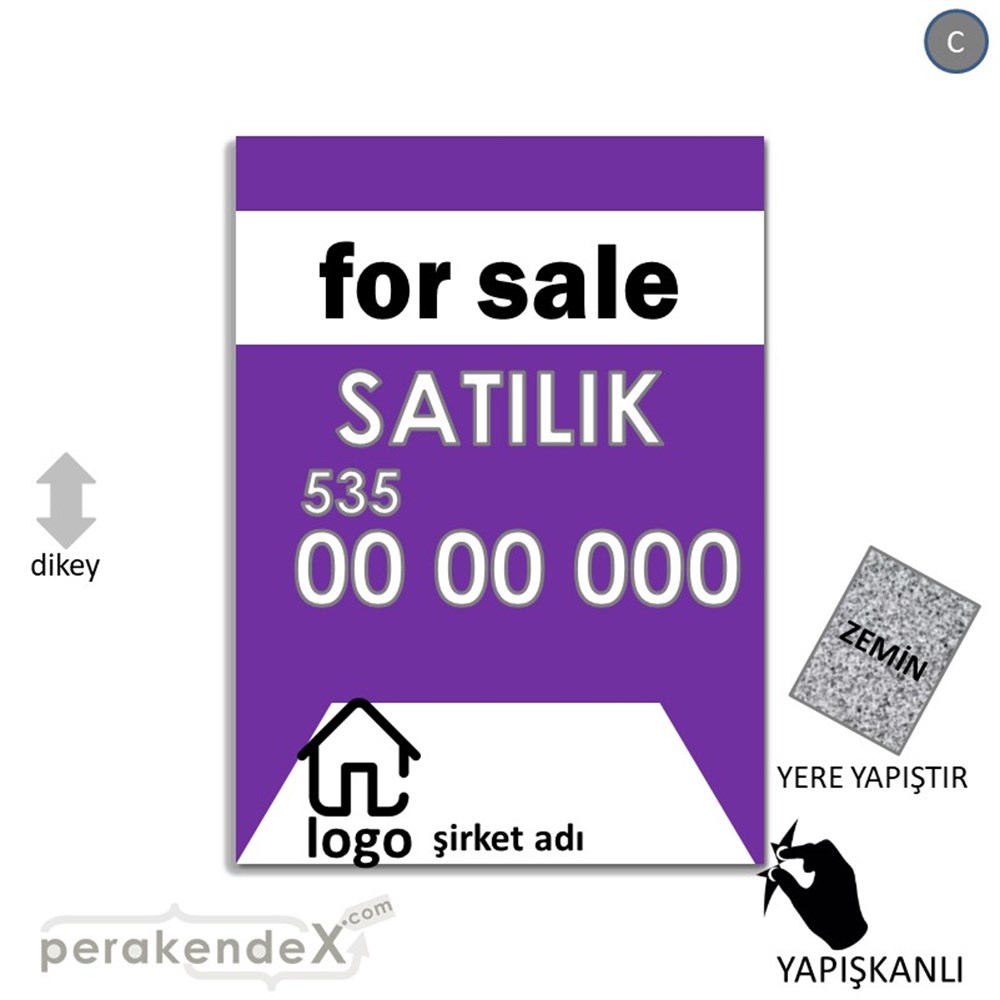 İngilizce Satılık Yazısı 003 YER - ZEMİN FOLYO,  VİNİL -dikdörtgen,tek yön baskıyer - zemin folyo,  vinil