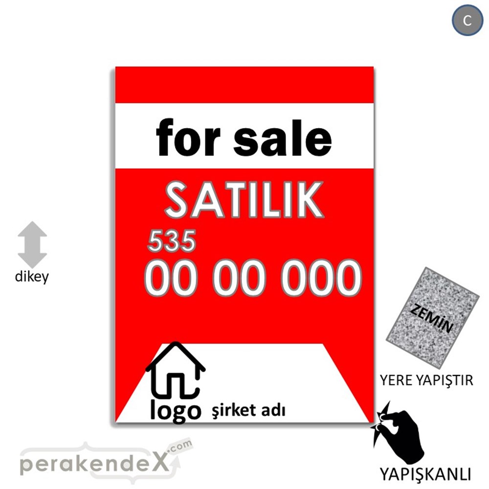 İngilizce Satılık Yazısı 003 YER - ZEMİN FOLYO,  VİNİL -dikdörtgen,tek yön baskıyer - zemin folyo,  vinil