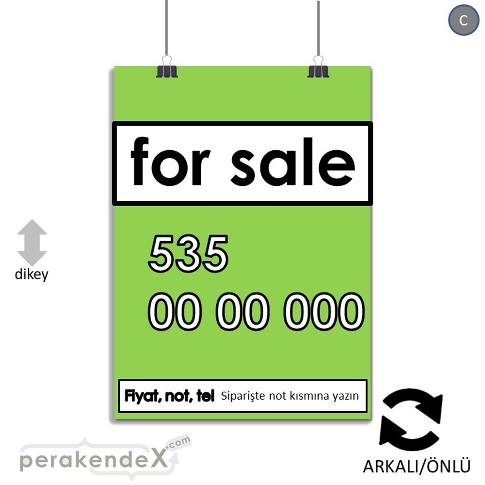 İngilizce Satılık Yazısı 005 SERT PLASTİK POSTER,  AFİŞ -dikdörtgen,çift yön baskısert plastik poster,  afiş