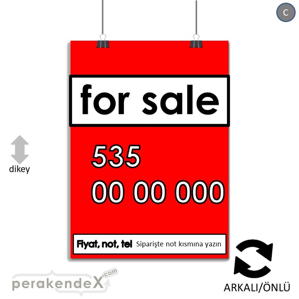İngilizce Satılık Yazısı 005 SERT PLASTİK POSTER,  AFİŞ -dikdörtgen,çift yön baskısert plastik poster,  afiş