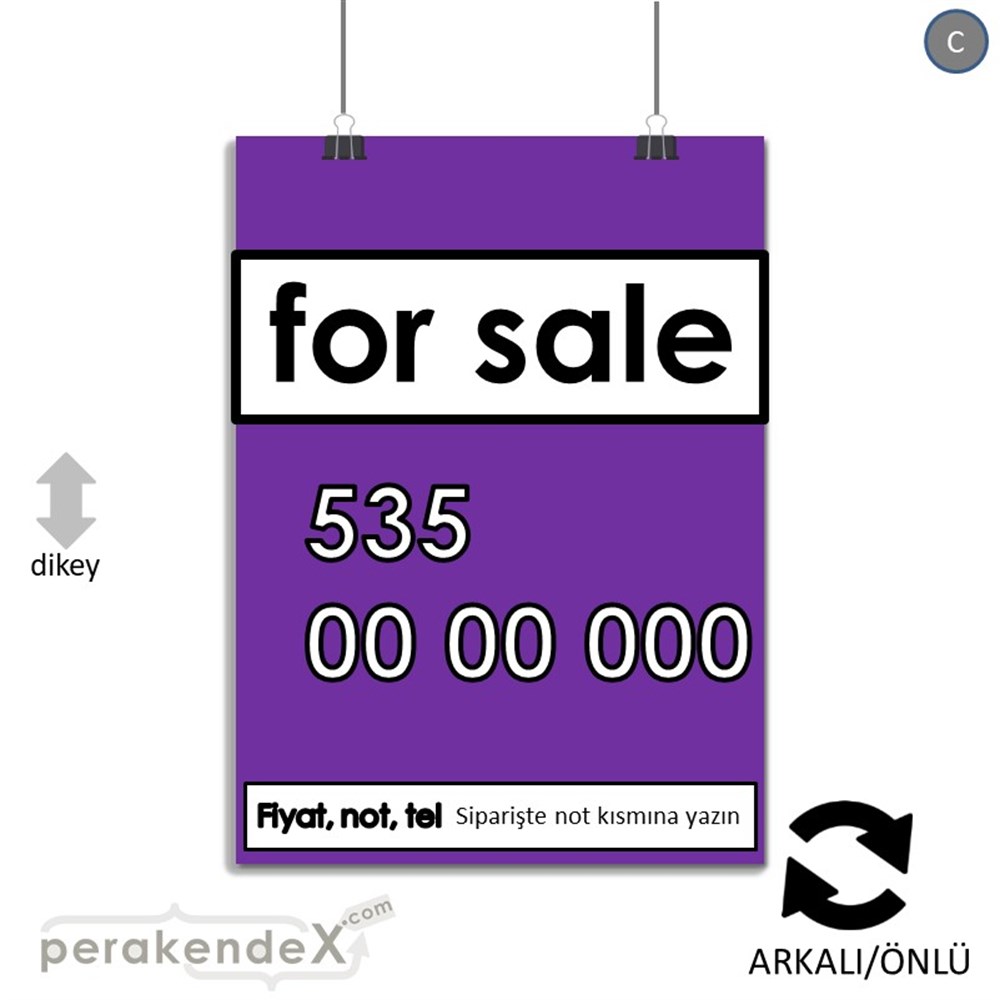 İngilizce Satılık Yazısı 005 SERT PLASTİK POSTER,  AFİŞ -dikdörtgen,çift yön baskısert plastik poster,  afiş
