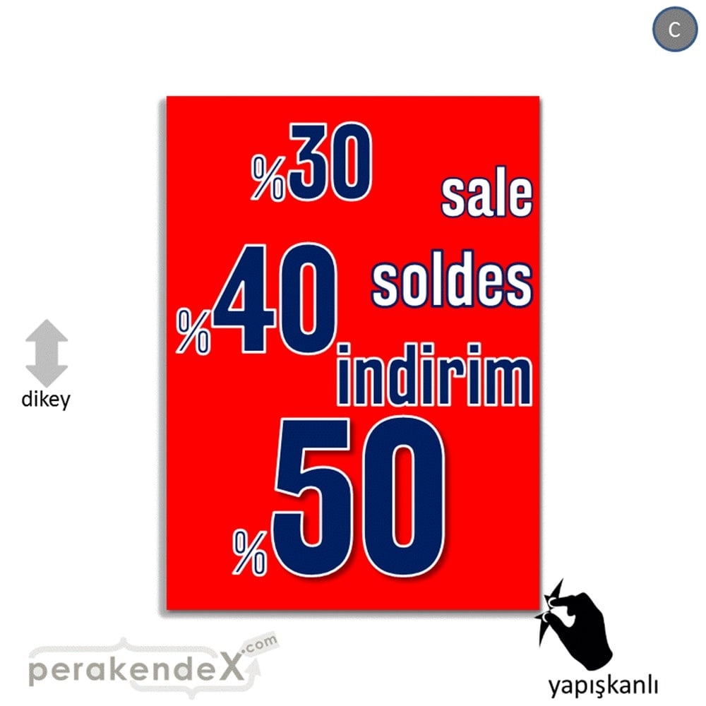 yüzde(50-40-30) indirim sale CAMA YAPIŞAN FOLYO -dikdörtgen,tek yön baskı