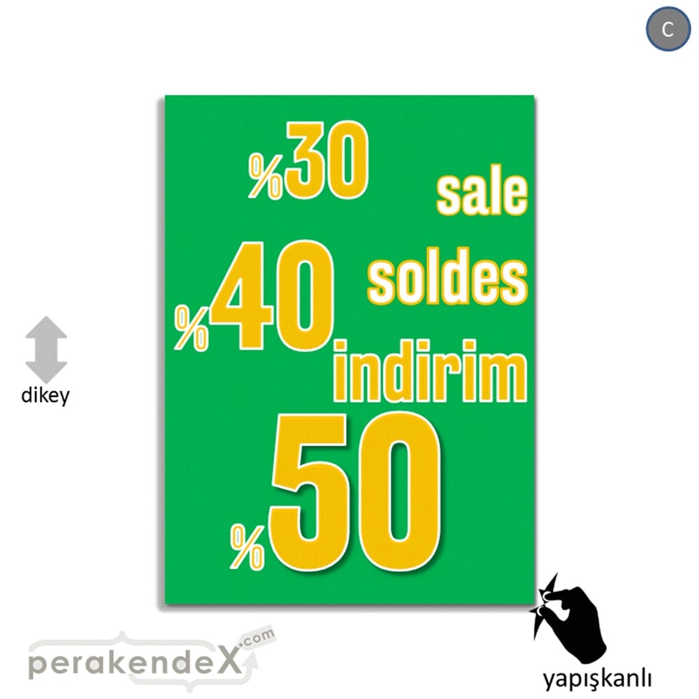 yüzde(50-40-30) indirim sale CAMA YAPIŞAN FOLYO -dikdörtgen,tek yön baskı