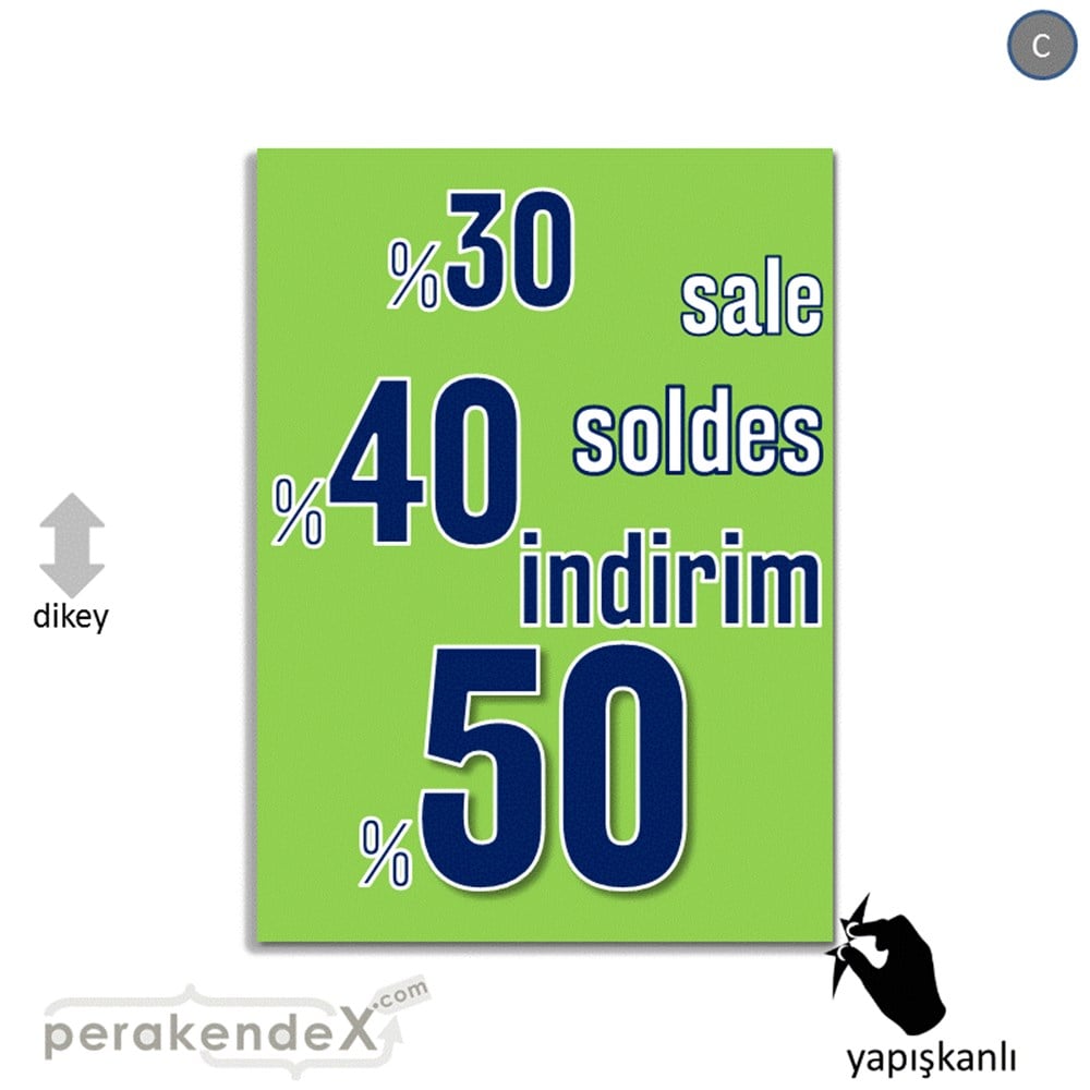yüzde(50-40-30) indirim sale CAMA YAPIŞAN FOLYO -dikdörtgen,tek yön baskı