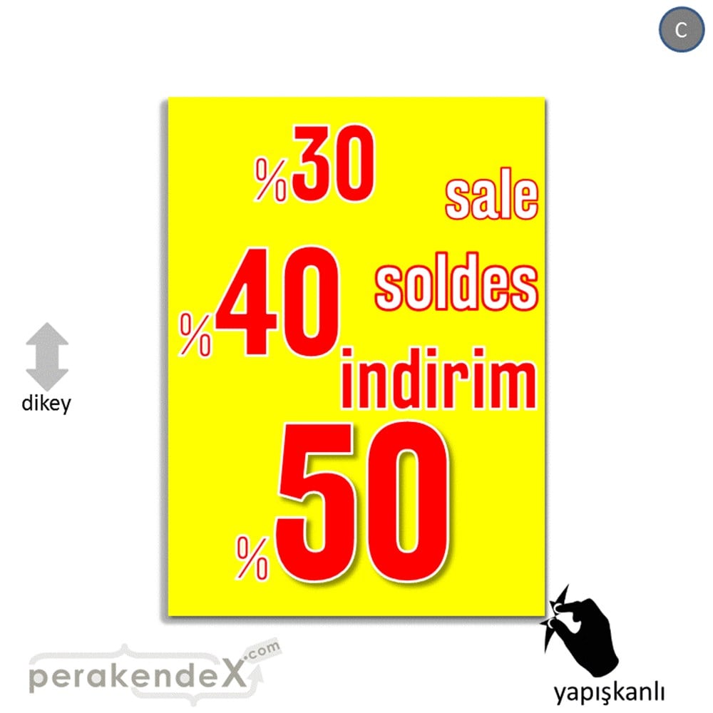 yüzde(50-40-30) indirim sale CAMA YAPIŞAN FOLYO -dikdörtgen,tek yön baskı
