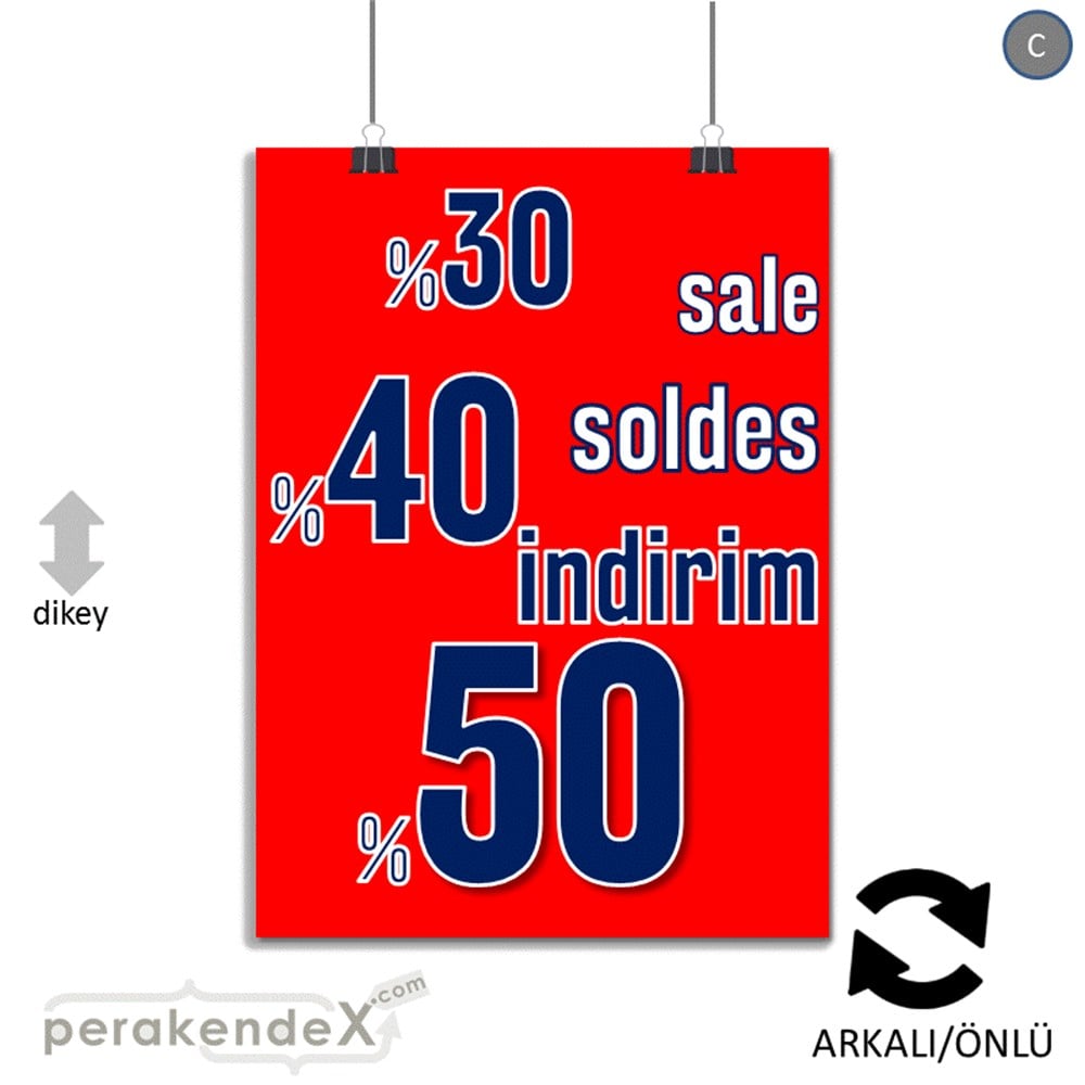 yüzde(50-40-30) indirim sale SERT PLASTİK POSTER -dikdörtgen,çift yön baskı