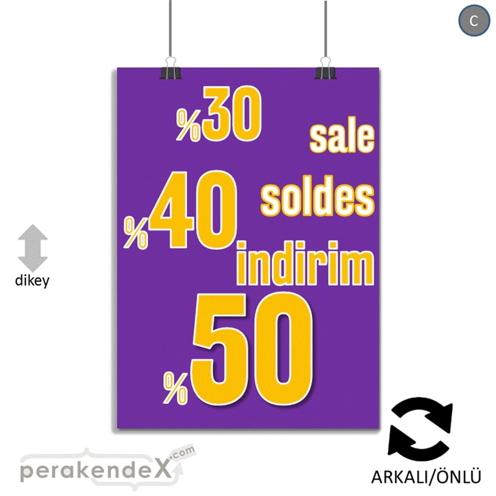 yüzde(50-40-30) indirim sale SERT PLASTİK POSTER -dikdörtgen,çift yön baskı