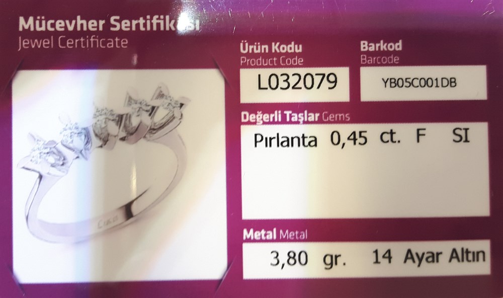 Pırlanta Beştaş 0,45ct F SI 14K Altın 3,80gr