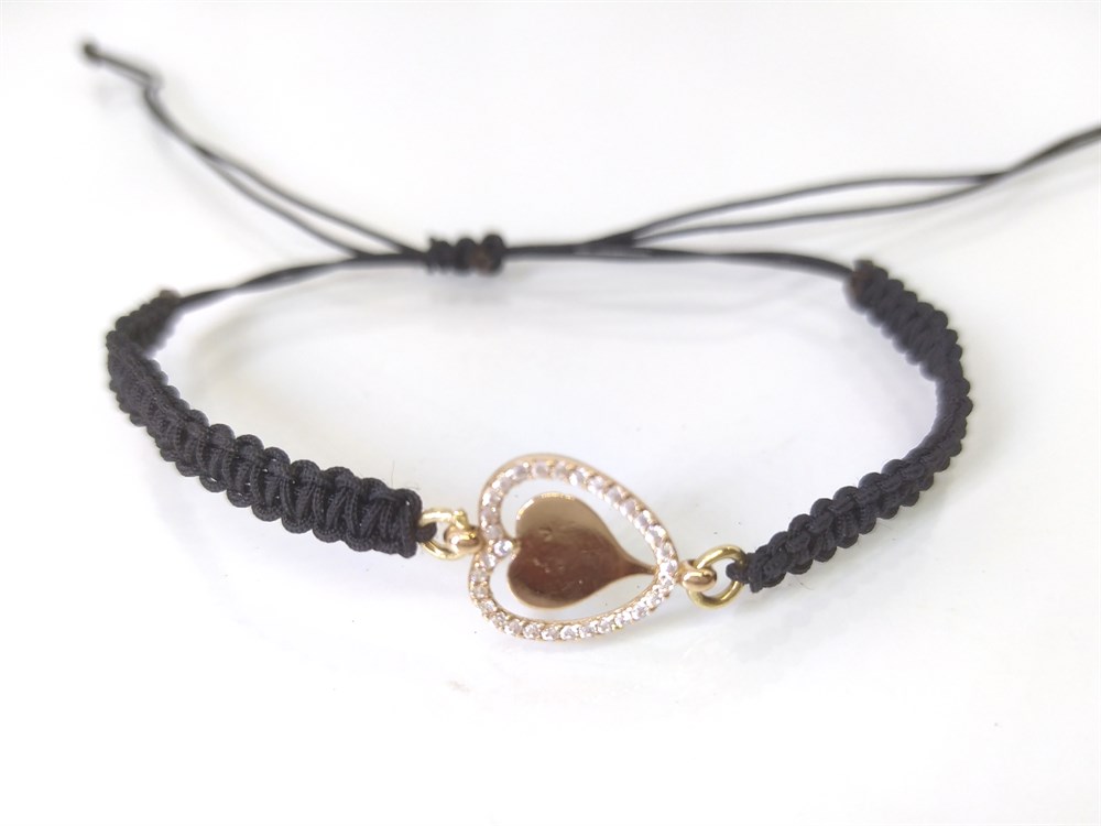 Makrome Örgülü Kalpli Bileklik 14 Ayar Altın