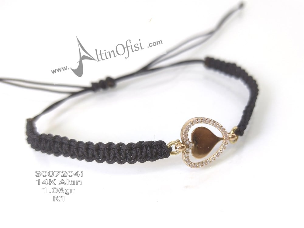 Makrome Örgülü Kalpli Bileklik 14 Ayar Altın