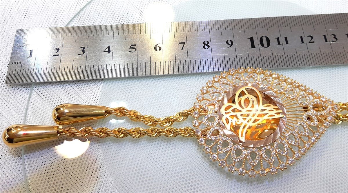 İki Damla Habbeli Damla Tuğralı Kolye 14 Ayar Altın